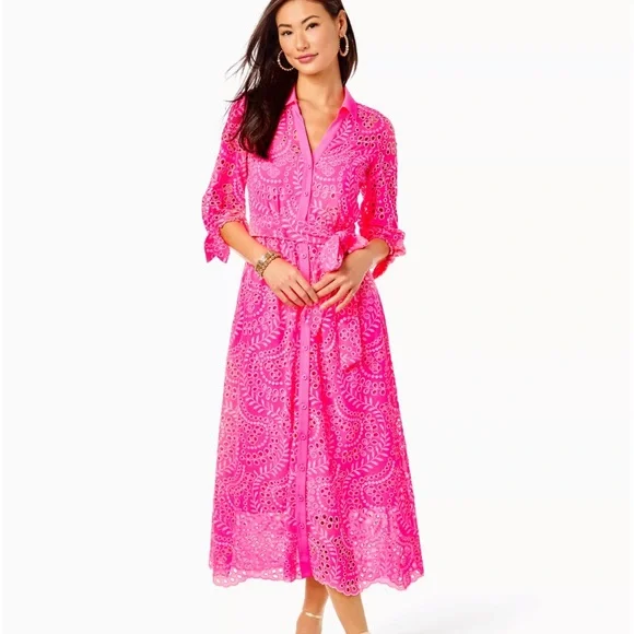 knee length dresses for ladies AMRITA 3/4 SLEEVE COTTON DRESS, ROXIE PINK WORTH A LOOK main image 0